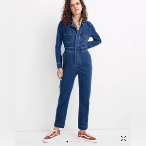 MADEWELL COTTON DENIM STRAIGHT LEG RAW HEM BLUE JUMPSUIT BNWT S